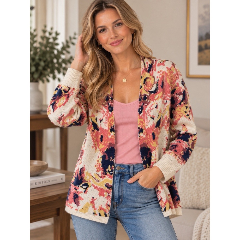 Retrology Floral Intarsia Open Cardigan Sweater M Pink Chunky Knit Cottagecore